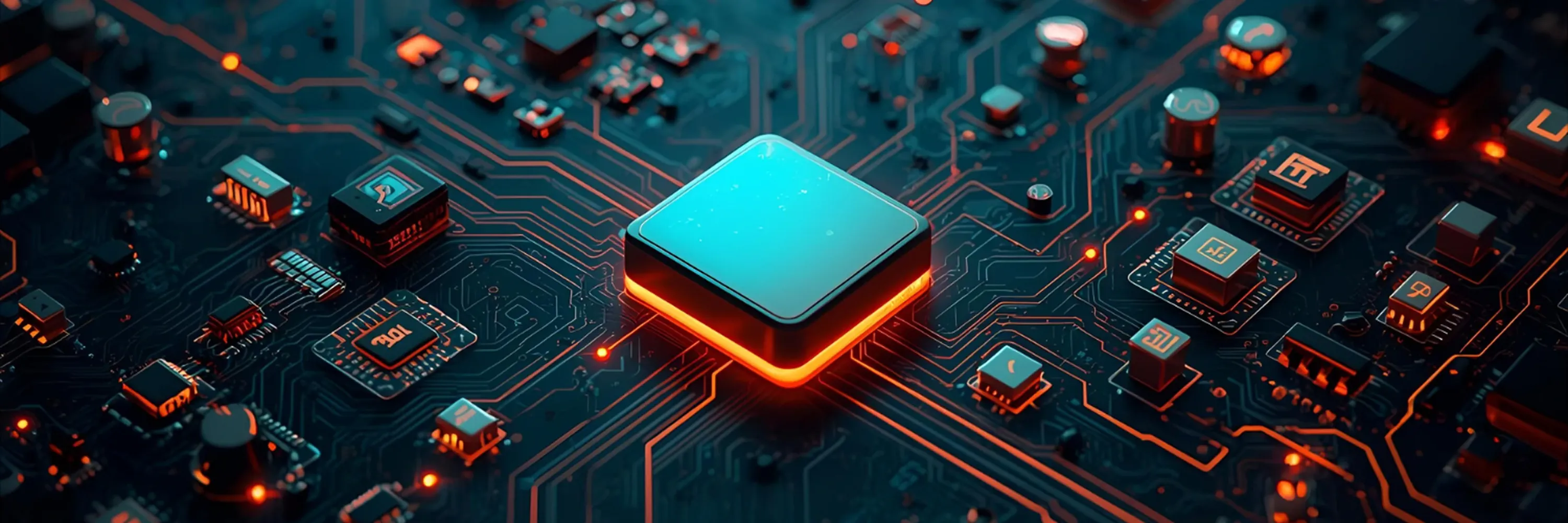 A glowing futuristic microchip lights up in blue and orange on a dark circuit board surrounded by electronic components and illuminated circuitry patterns.