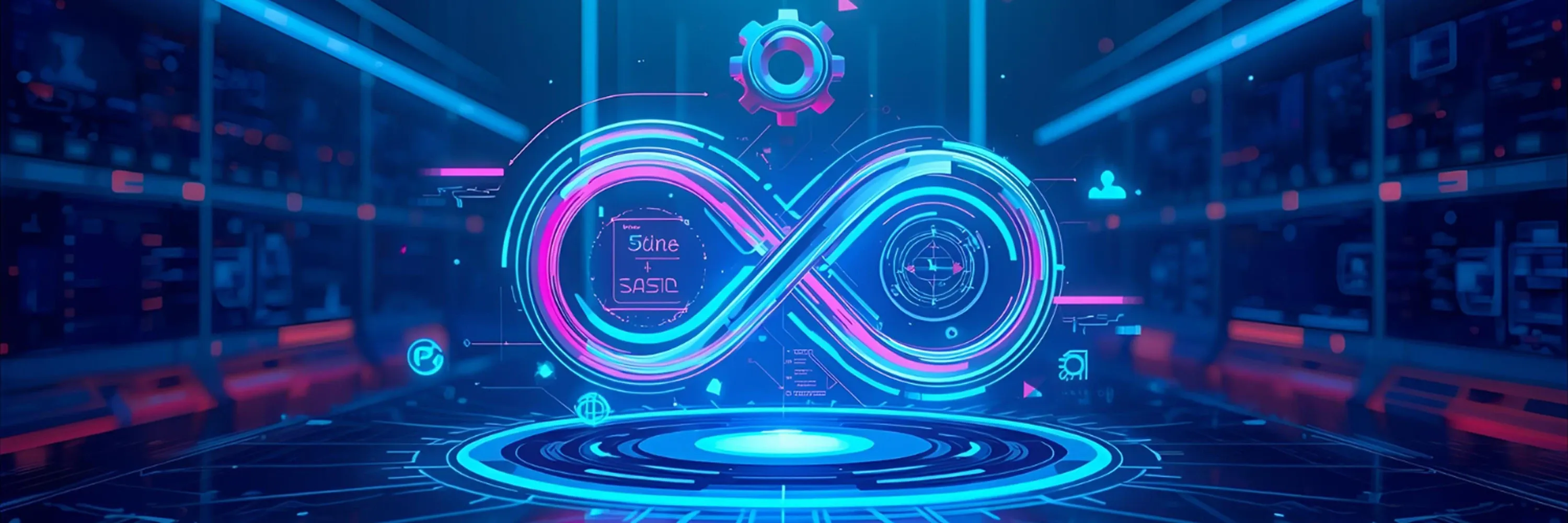 A glowing neon infinity symbol represents the DevOps cycle, surrounded by futuristic digital elements in a high-tech blue server-room environment.