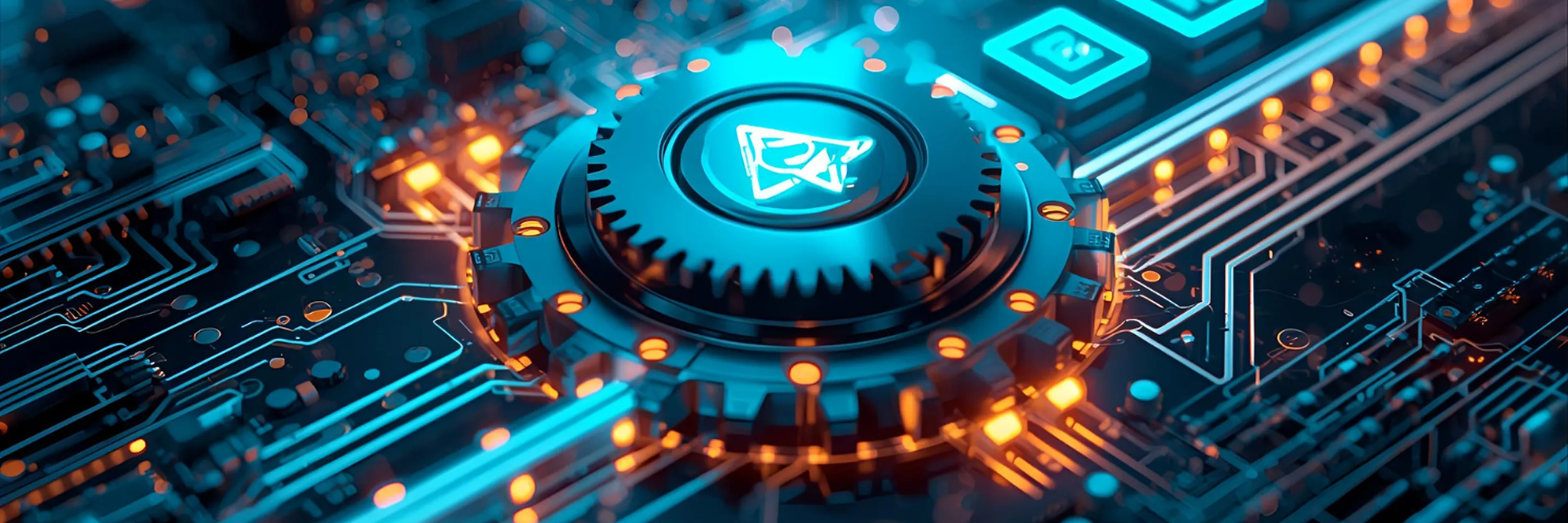 A glowing turquoise gear sits at the center of a futuristic circuit board surrounded by bright neon circuitry and orange lights.