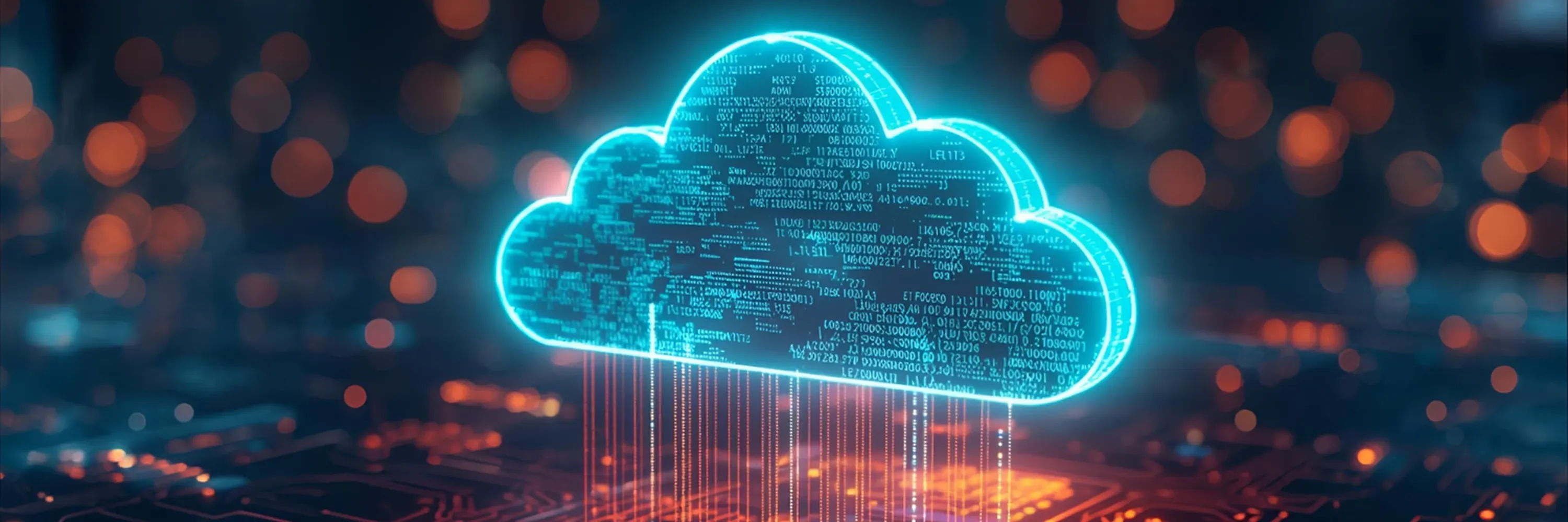 A glowing turquoise digital cloud hovers above a circuit-like surface with bright orange bokeh lights in the background, symbolizing modern cloud technology and data connectivity