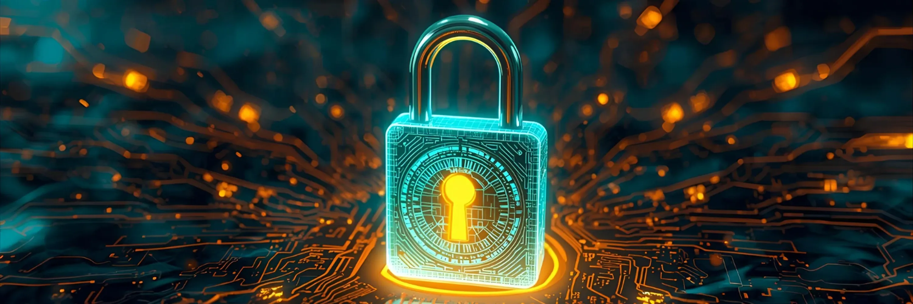 A glowing turquoise digital padlock surrounded by flowing data streams and orange cyber lights represents advanced cybersecurity and data protection in a high-tech environment