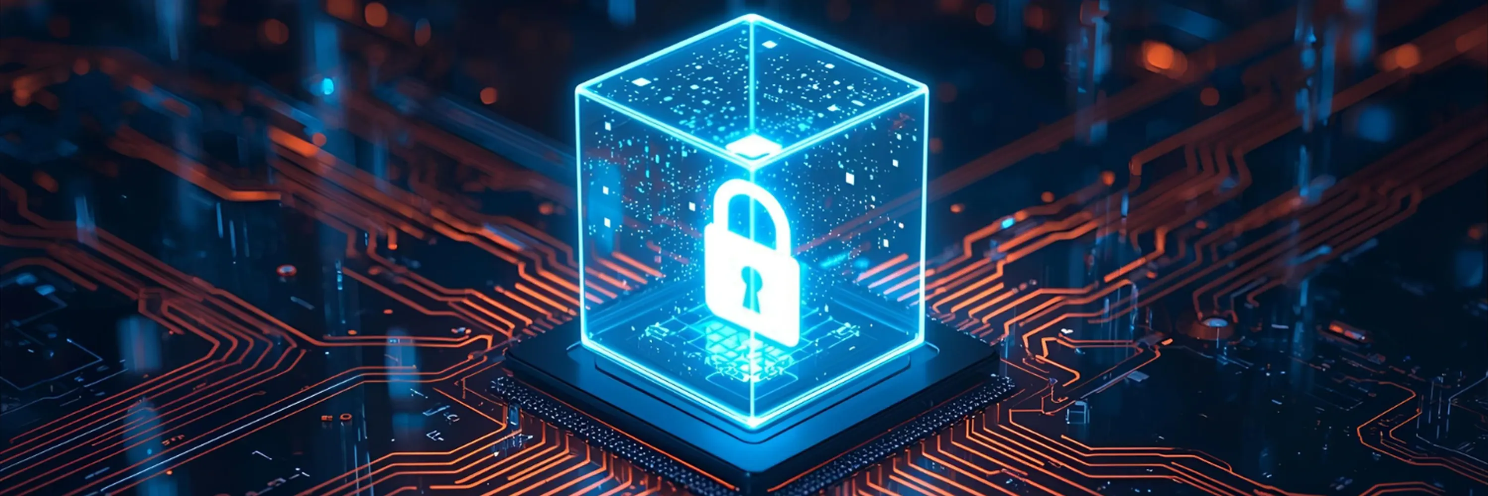 A glowing neon 3D lock inside a transparent cube sits on a circuit board, symbolizing secure data protection and cybersecurity
