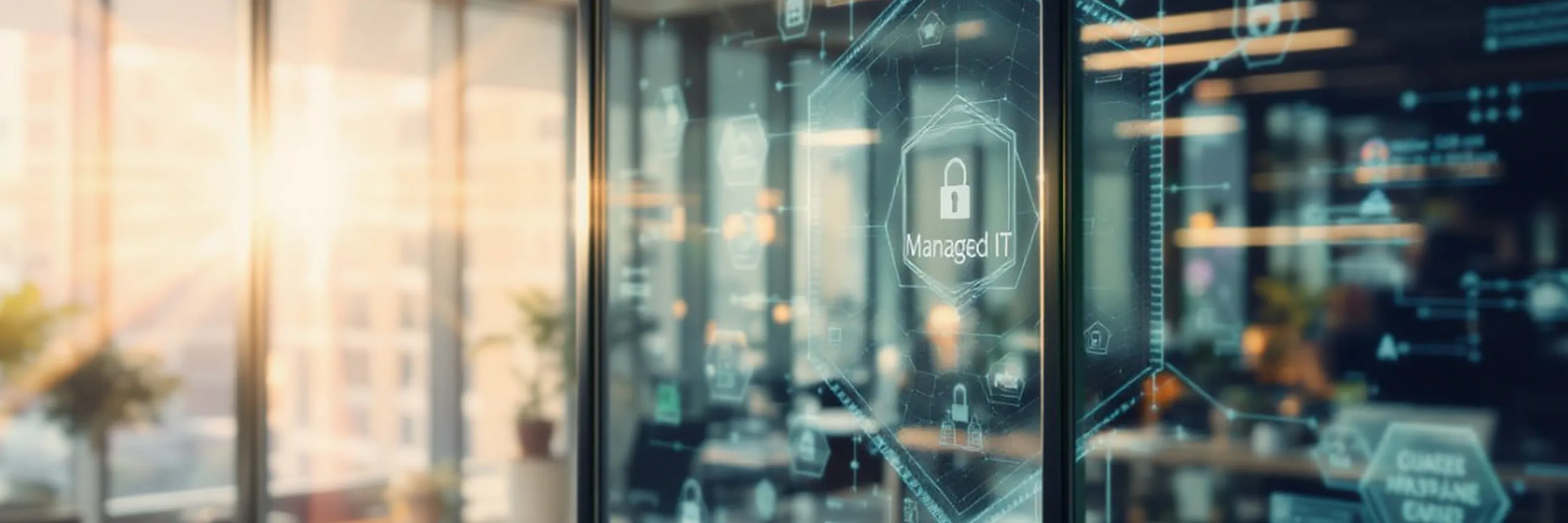 Digital overlay reading “Managed IT” on glass office walls, symbolizing secure cloud and IT management.