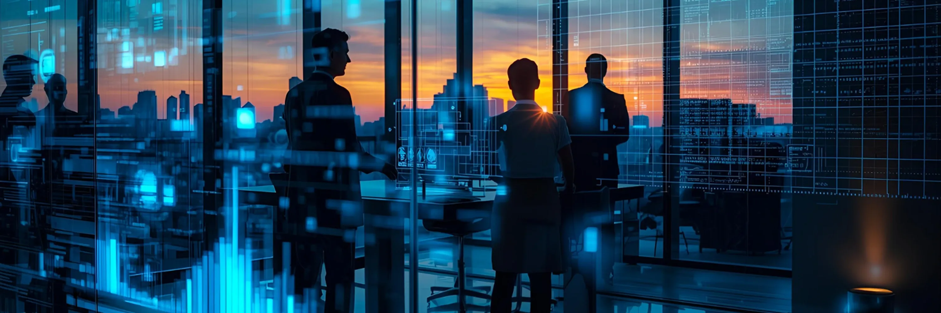 Business team in a modern glass office at sunset surrounded by glowing digital data overlays and holographic interface elements, symbolizing AI-driven collaboration and analytics.