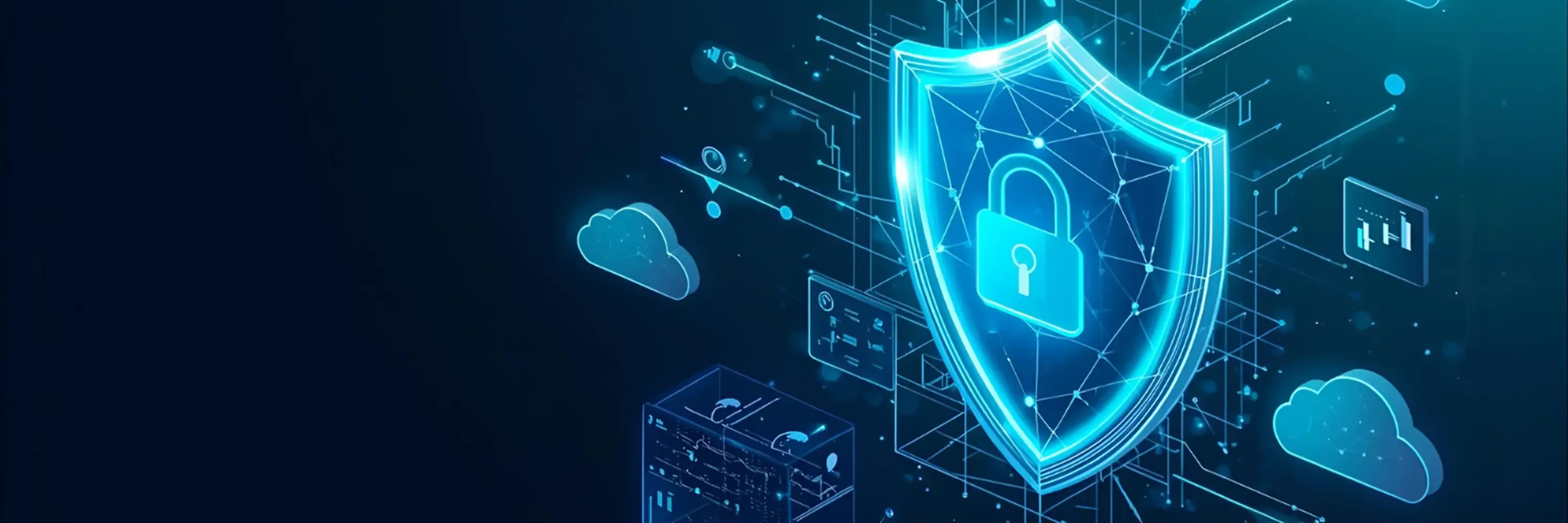A glowing digital shield with a padlock icon representing cybersecurity protection, surrounded by cloud icons and network elements on a dark blue background.