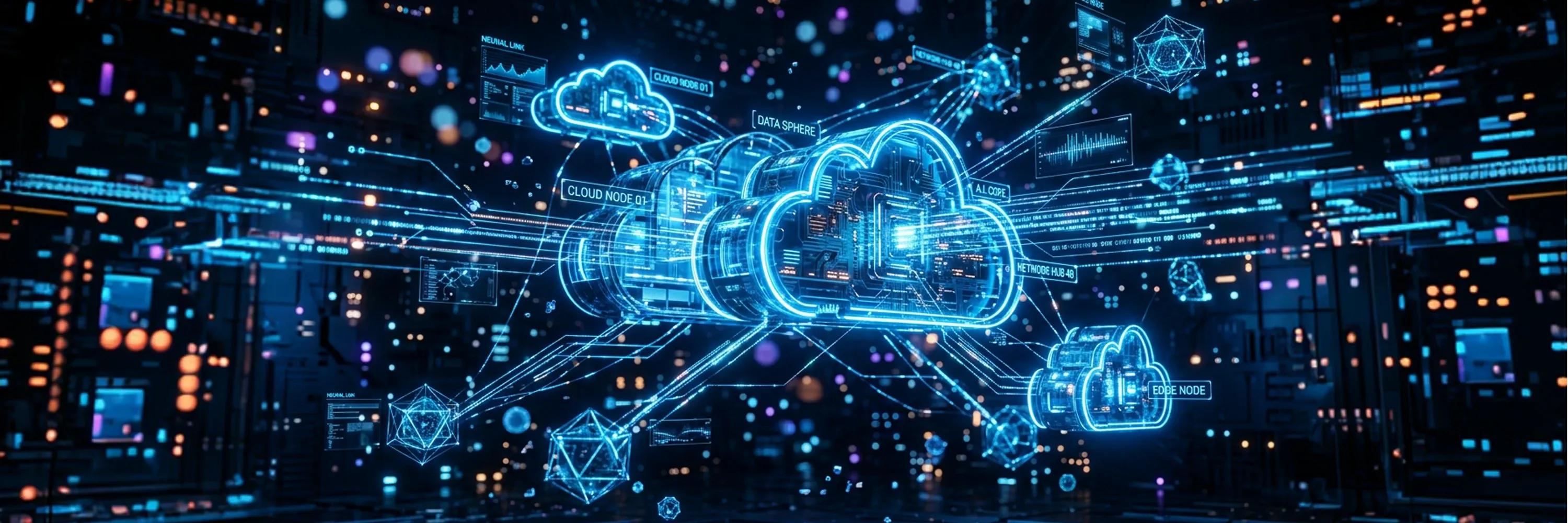 AI-powered cloud computing infrastructure visualizing connected data nodes, cloud servers, and real-time digital data processing