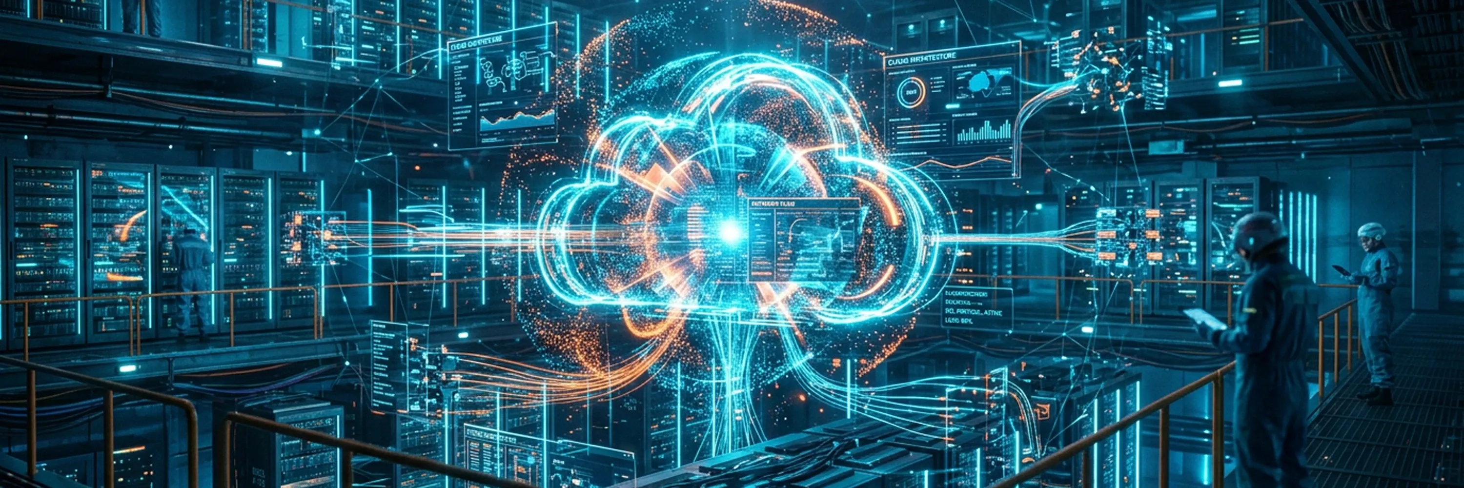 AI-powered cloud data center infrastructure visualizing real-time data processing, connected servers, and digital cloud computing networks