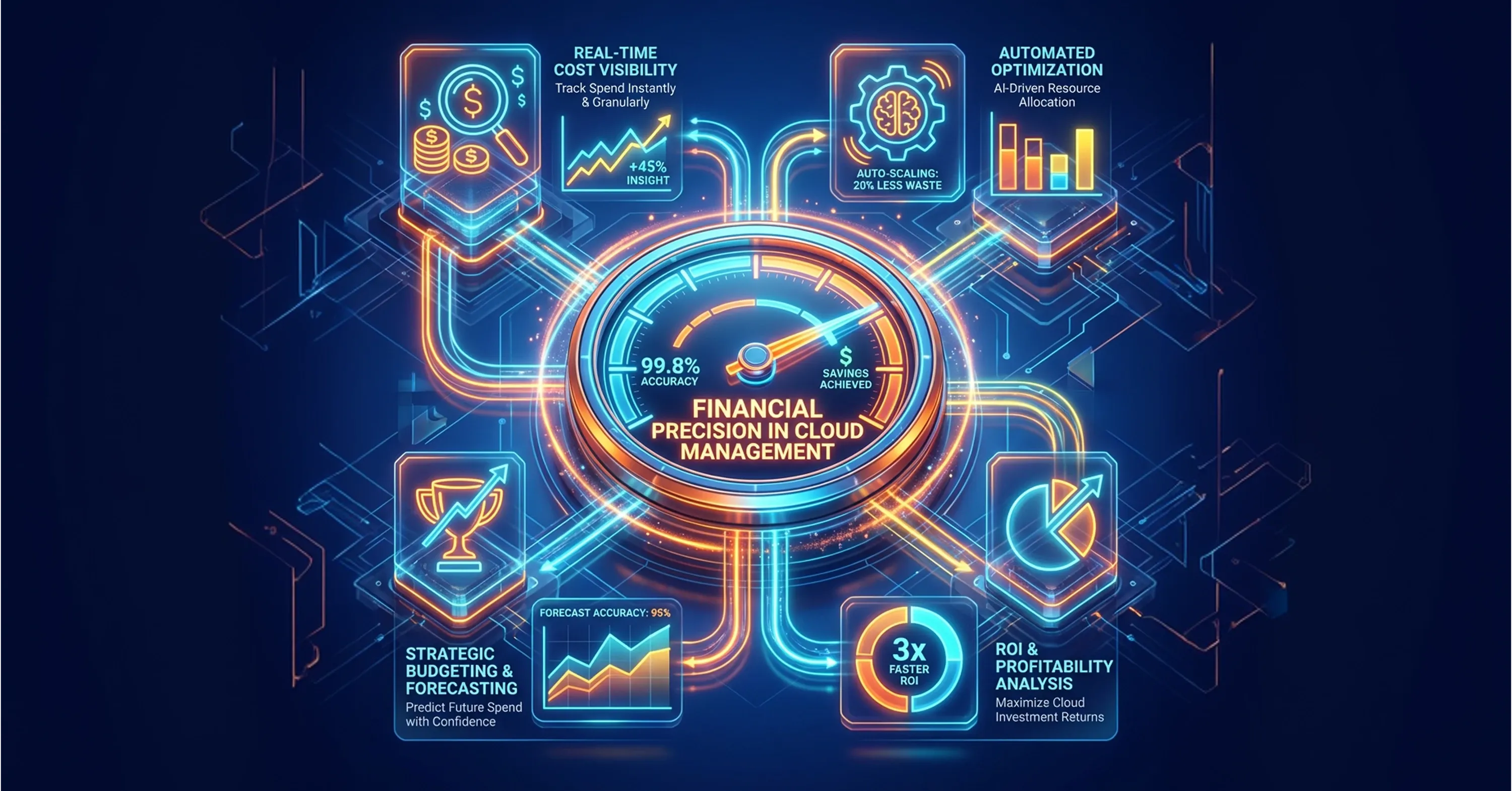 AI-powered cloud financial management dashboard showing cost optimization, automated resource allocation, ROI analysis, and real-time spend visibility