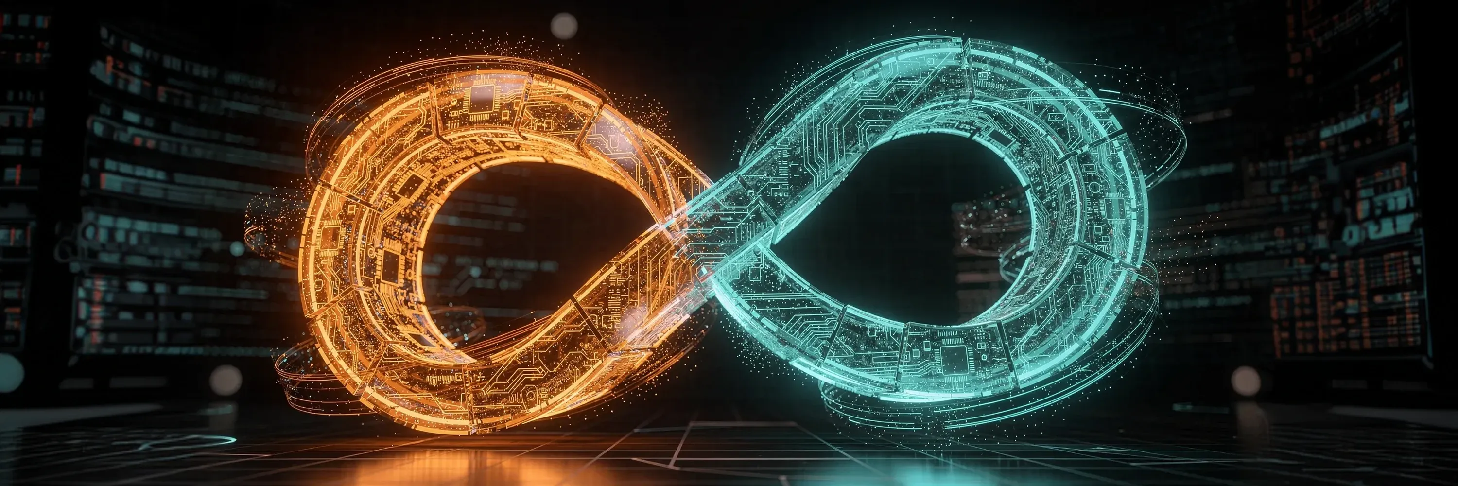 A futuristic illustration of an infinity loop symbolizing AI-driven DevOps, continuous integration, and continuous deployment through interconnected digital systems