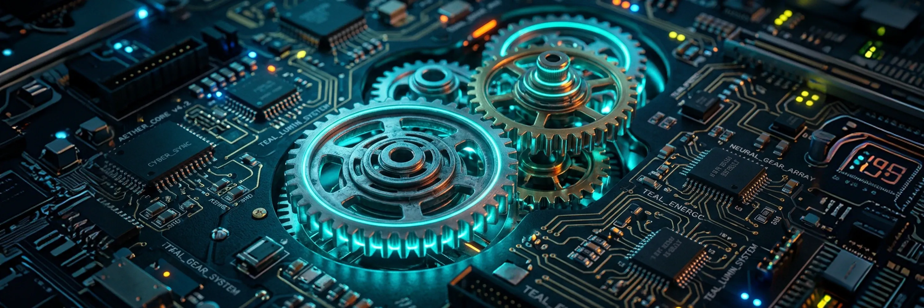 Digital illustration of gears integrated into a circuit board representing AI automation and machine learning systems