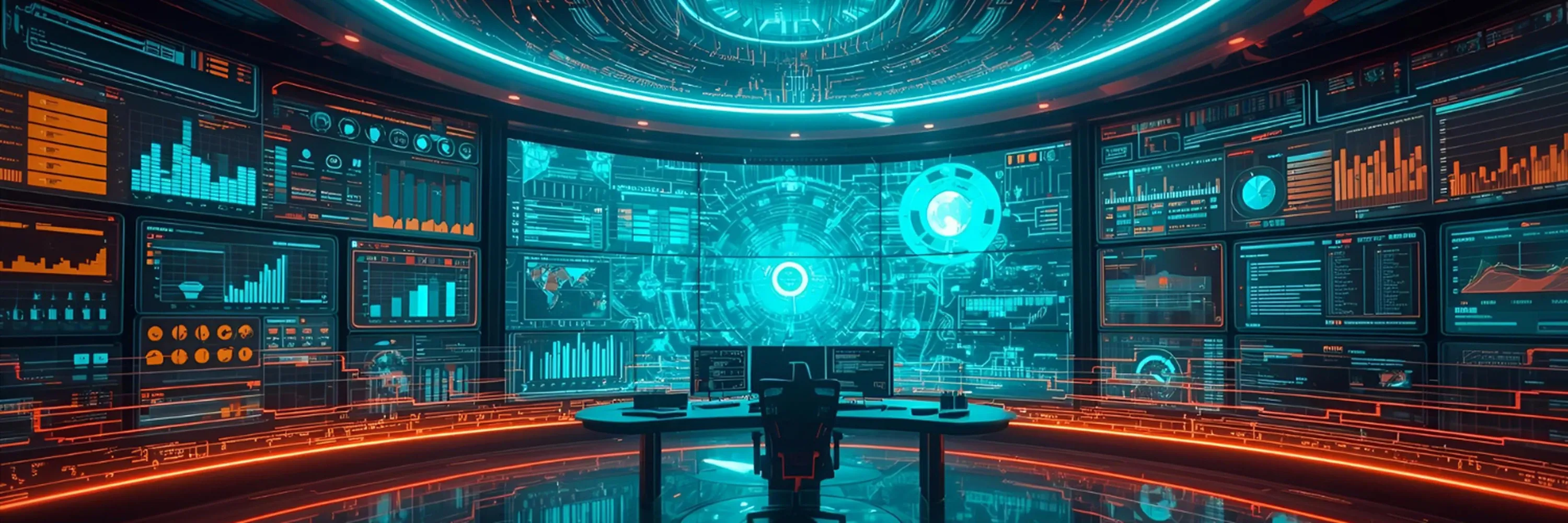 A futuristic cyber operations control room filled with holographic dashboards, glowing circuitry, and bright orange alert highlights surrounding a central system display, representing real-time monitoring and advanced IT security