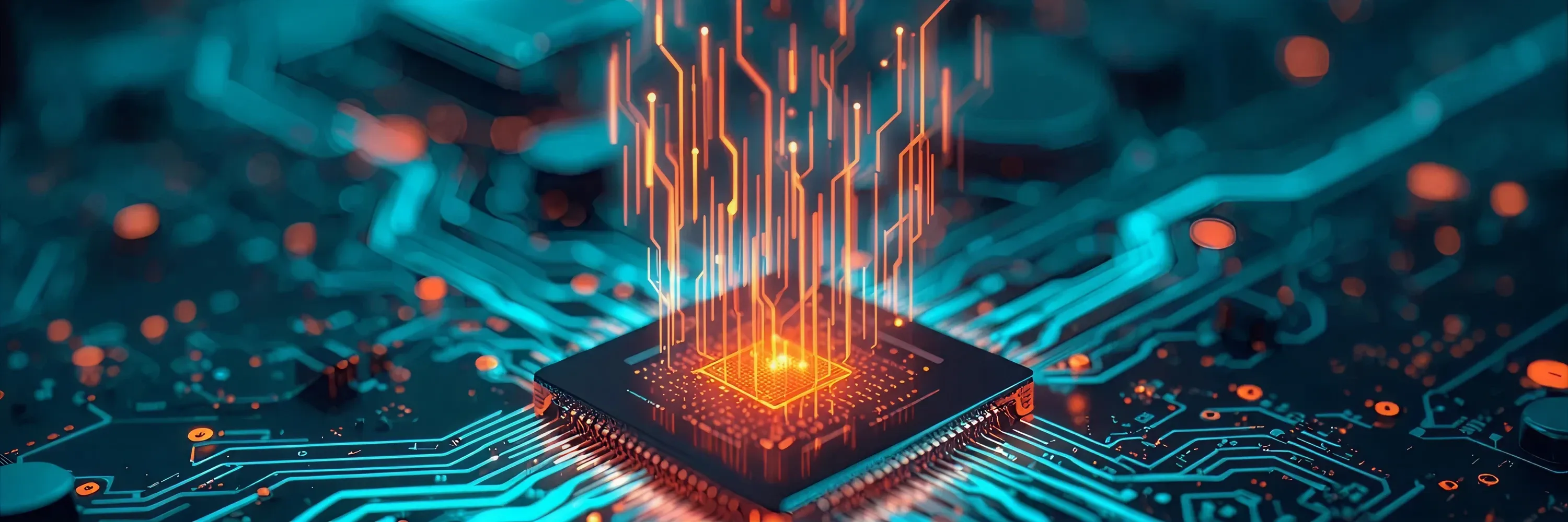 The image shows a high-performance AI processor chip on a circuit board with flowing data streams, representing neural computing and modern enterprise IT architecture