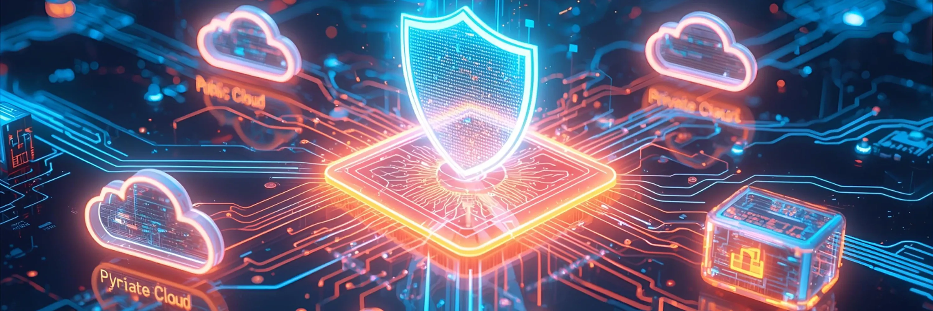 A glowing futuristic cybersecurity scene with a neon shield hovering above circuitry, surrounded by holographic public, private, and hybrid cloud icons.