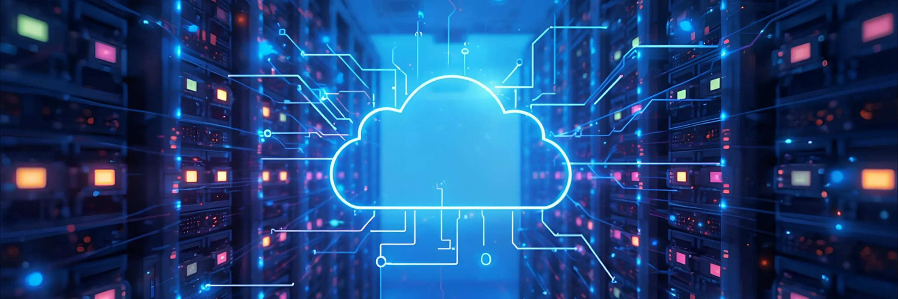 A glowing digital cloud icon connected to multiple circuits inside a blue-lit server room, symbolizing cloud infrastructure and data connectivity.