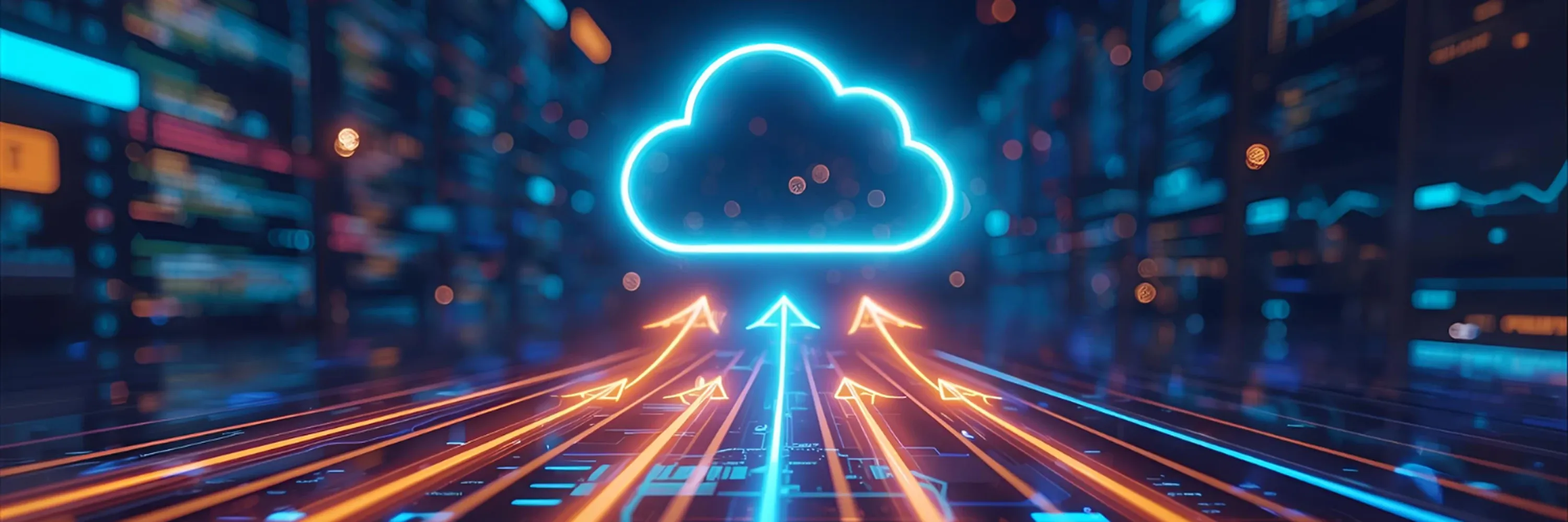 A glowing neon cloud above a data center with dynamic orange and blue arrows illustrates fast cloud data transfer