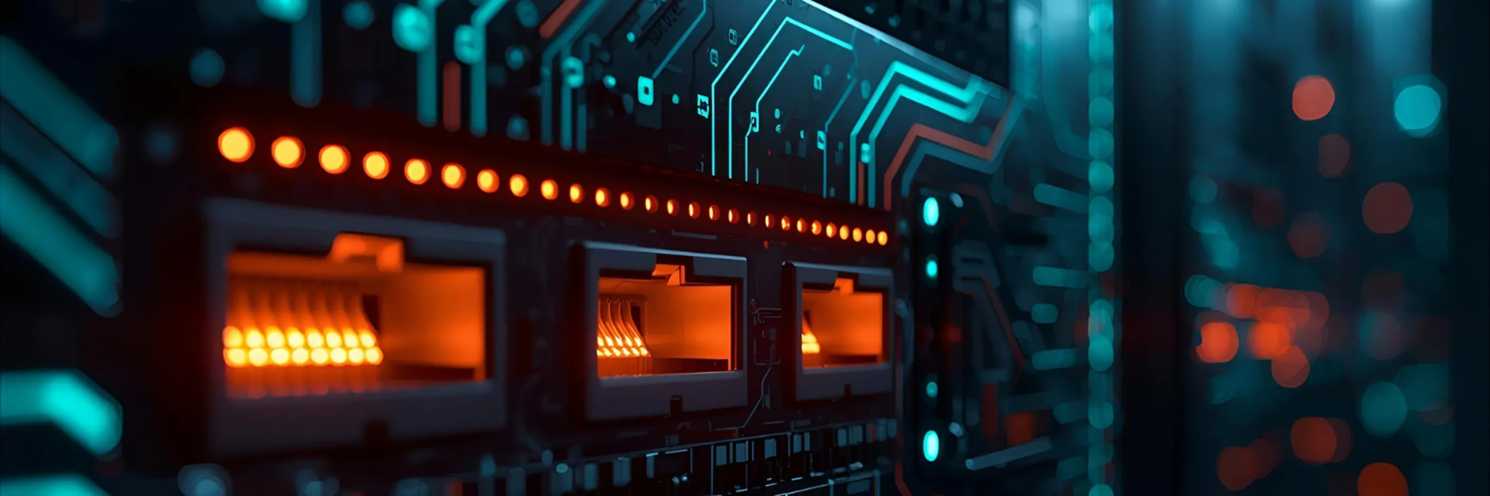 A close-up of a futuristic server or network interface with glowing orange ports and neon turquoise circuitry, symbolizing high-speed data processing and advanced IT infrastructure