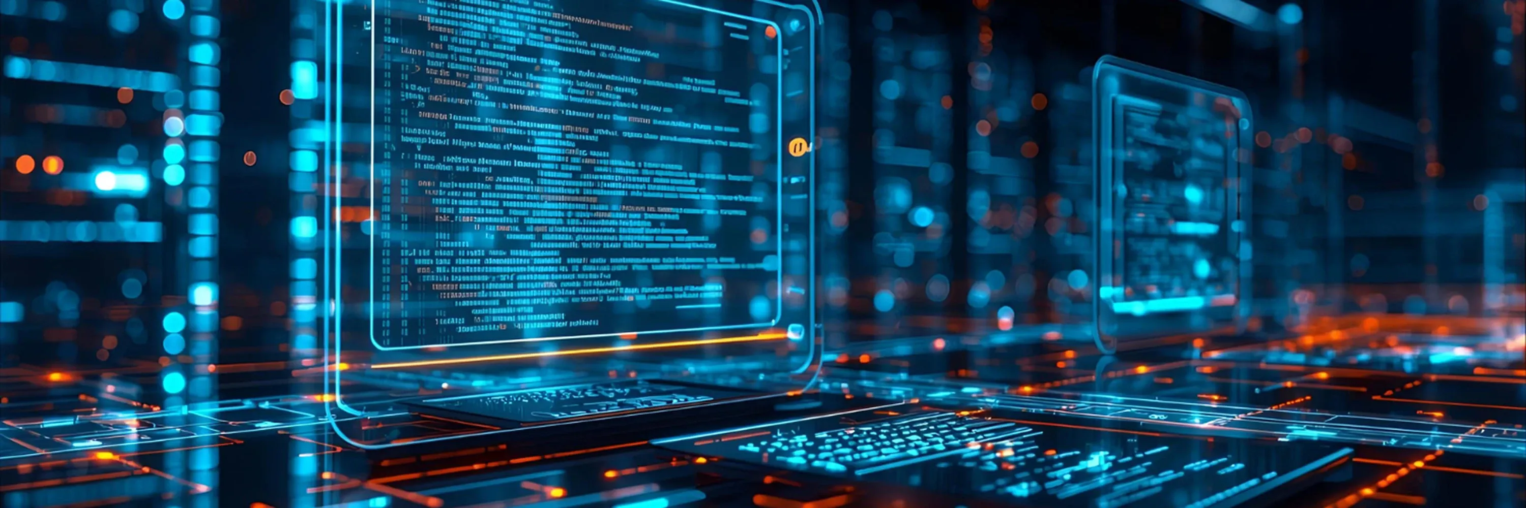 A glowing digital shield stands on a futuristic circuit board, symbolizing advanced cybersecurity protection