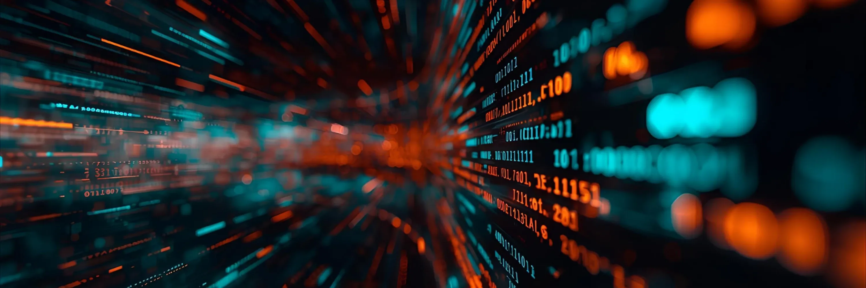 Abstract visualization of high-speed data streams with glowing code and binary elements representing real-time processing and digital acceleration in modern IT systems