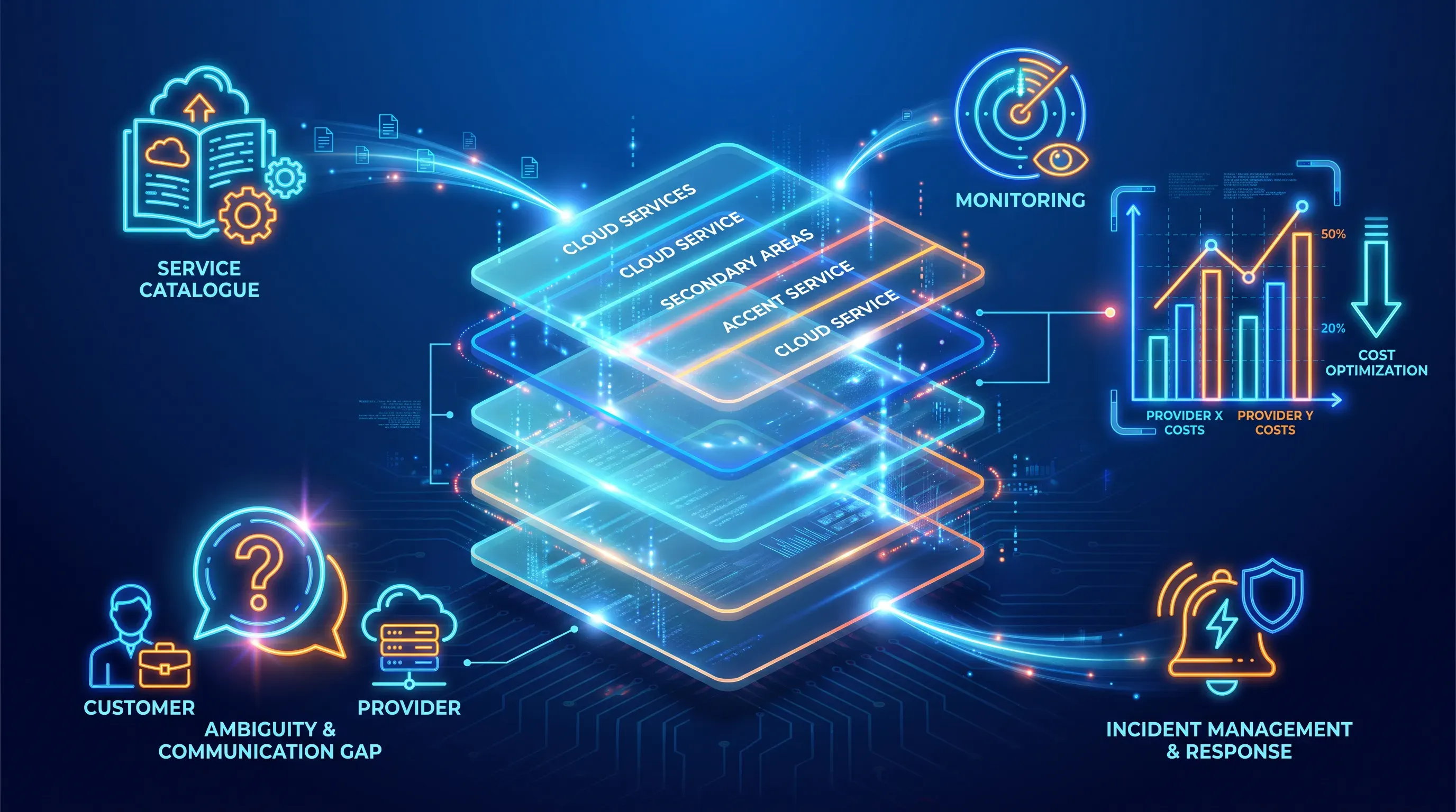 A vibrant neon hi-tech infographic featuring a luminous digital stack with segmented layers, surrounded by colorful icons and a deep blue gradient background.