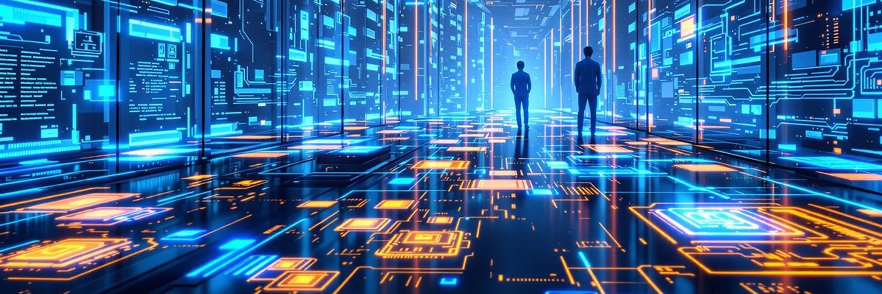 Two professionals walking through a futuristic digital data environment symbolizing human and AI collaboration in advanced data infrastructure and decision-making
