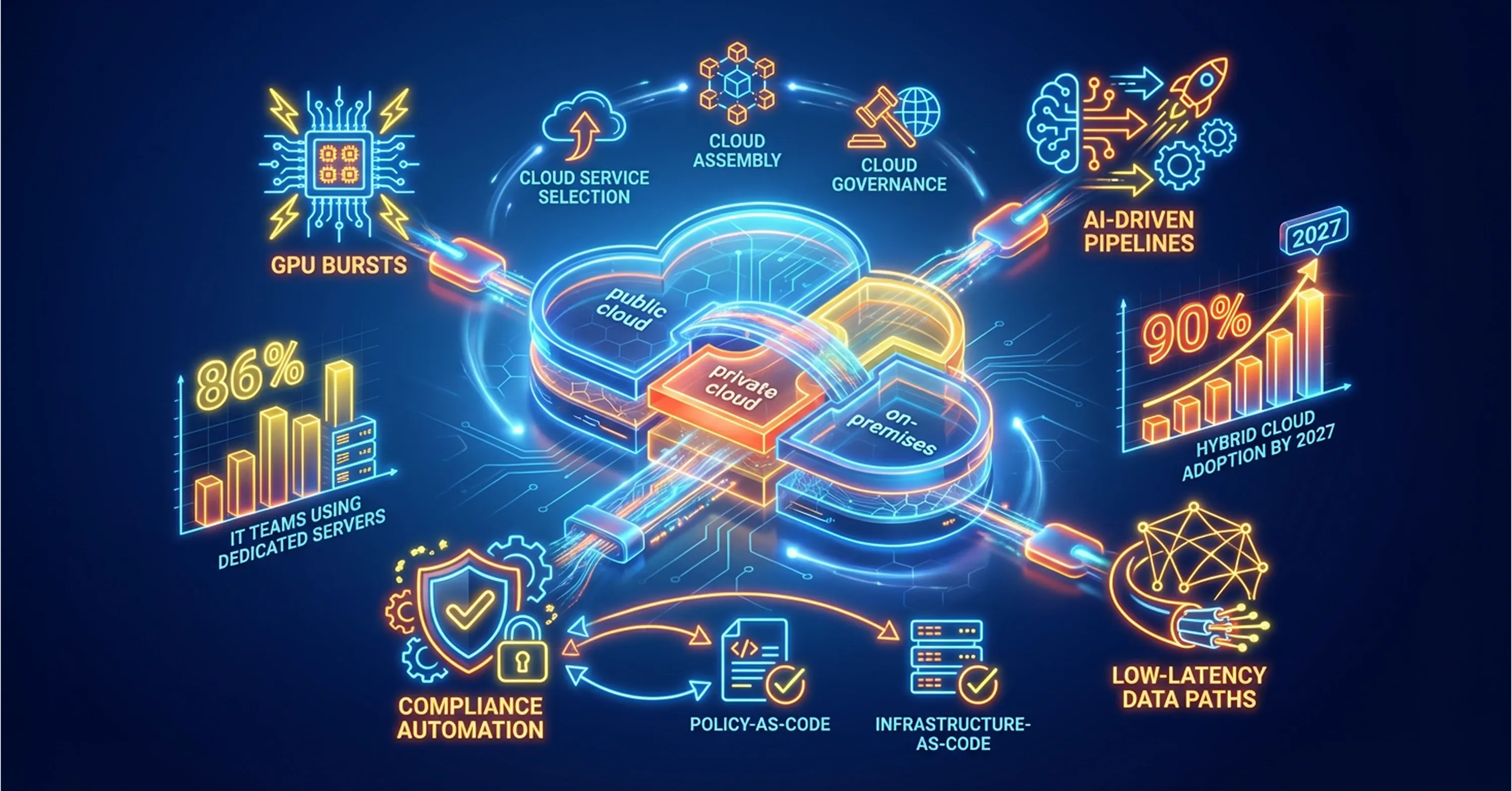 Hybrid cloud architecture diagram showing public cloud, private cloud, and on-premises infrastructure with AI-driven pipelines and cloud governance
