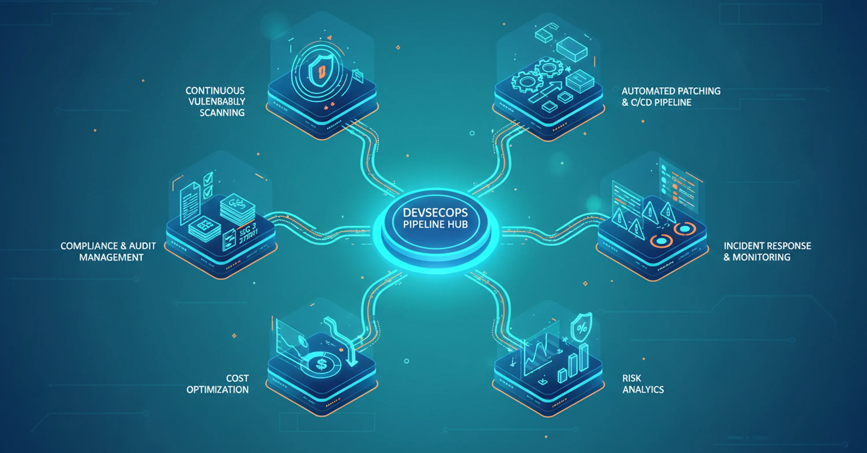 Isometric infographic illustrating a managed DevSecOps pipeline hub with continuous vulnerability scanning, automated CI/CD patching, compliance management, incident monitoring, cost optimization, and risk analytics on a blue-turquoise gradient background