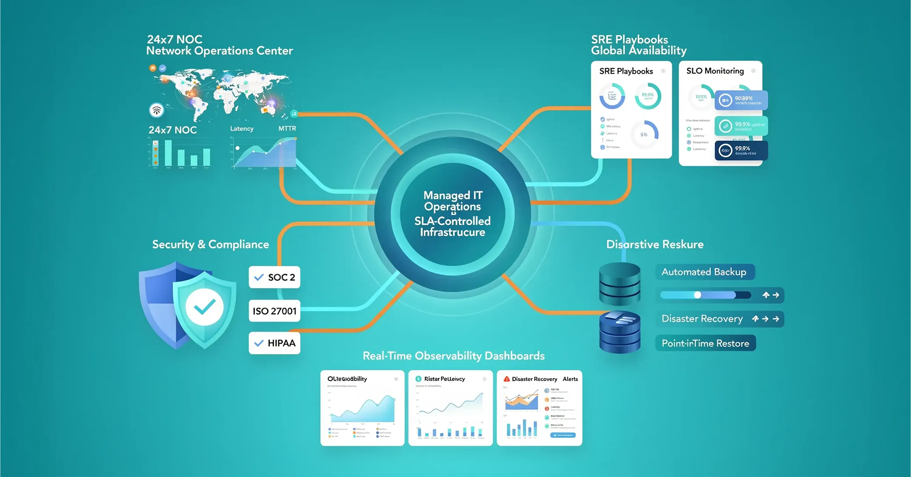 Managed IT operations dashboard illustrating SLA-controlled infrastructure with 24/7 NOC monitoring, SRE playbooks, security compliance, disaster recovery, and real-time observability analytics