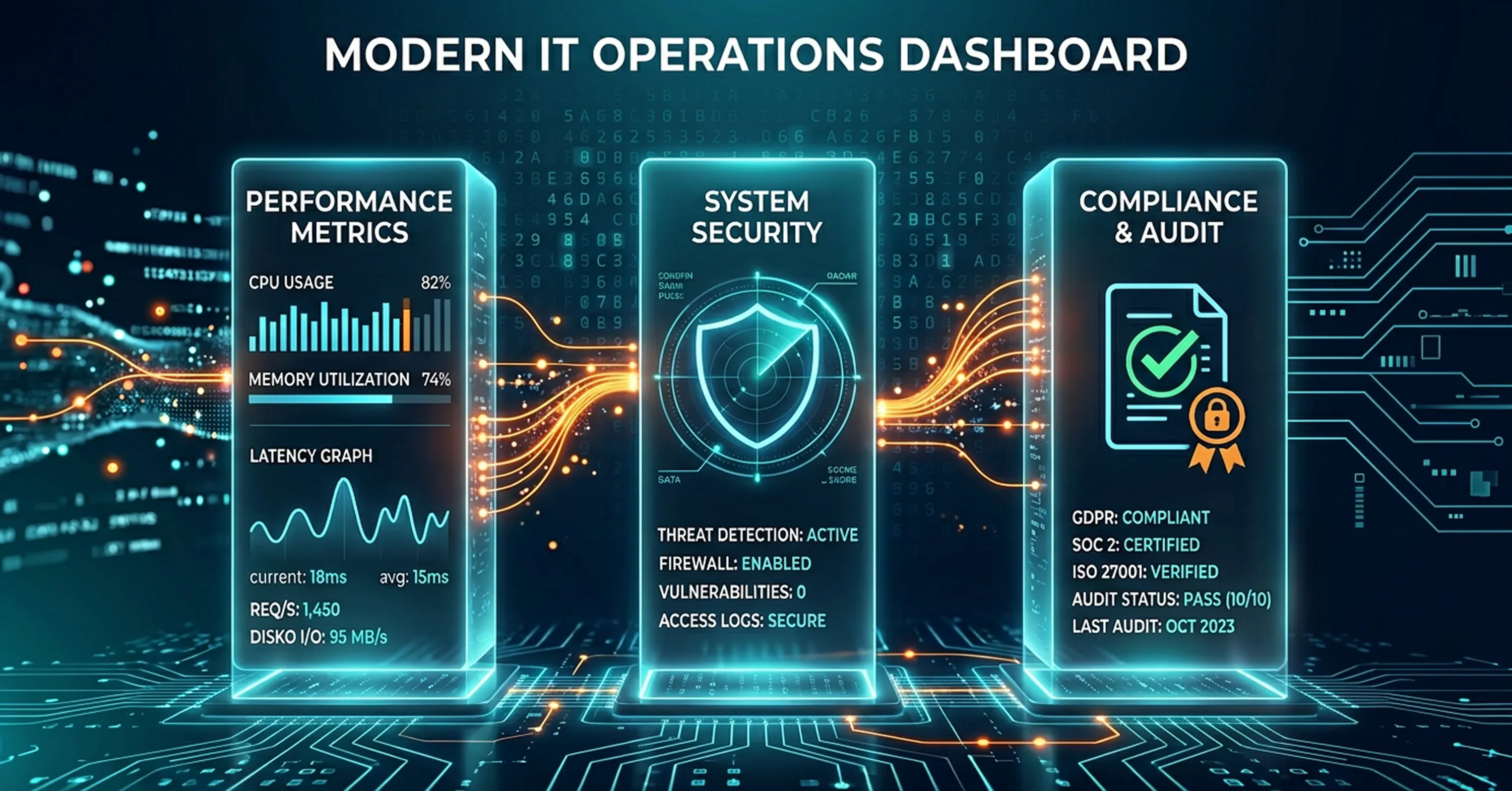 Modern IT operations dashboard displaying performance metrics, system security monitoring, and compliance audit status with real-time infrastructure data