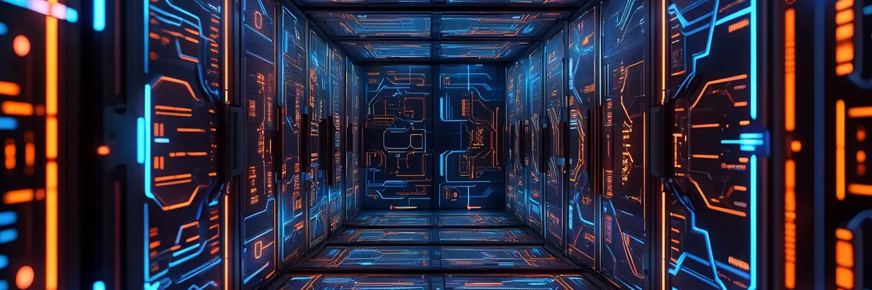 Futuristic secure data center corridor visualizing cloud infrastructure, cybersecurity architecture, and high-performance digital systems with blue and orange circuit patterns