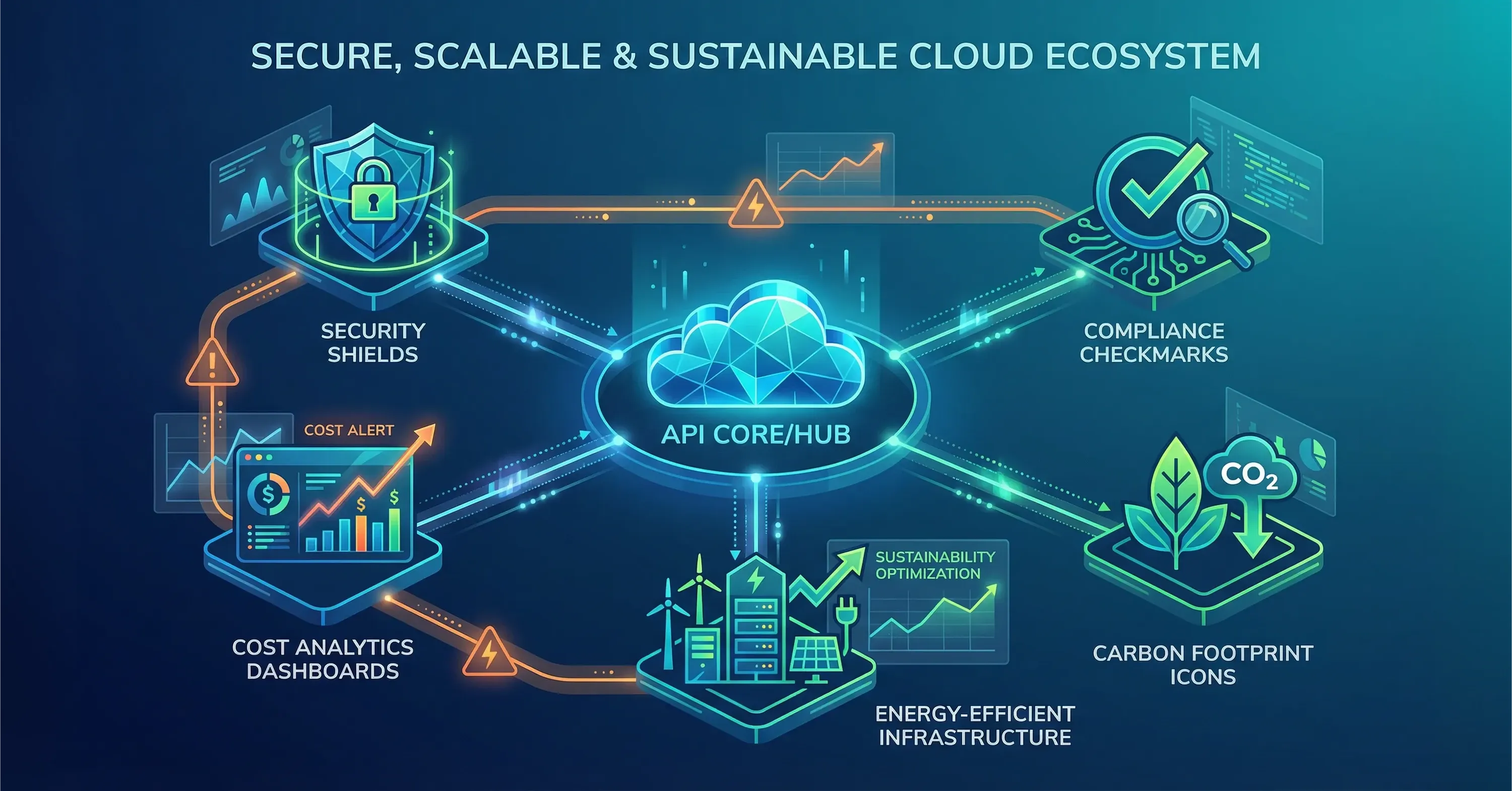 Secure and scalable cloud ecosystem illustration showing an API core hub connecting cloud security, compliance, FinOps cost analytics, and GreenOps sustainability with energy-efficient infrastructure and carbon footprint monitoring