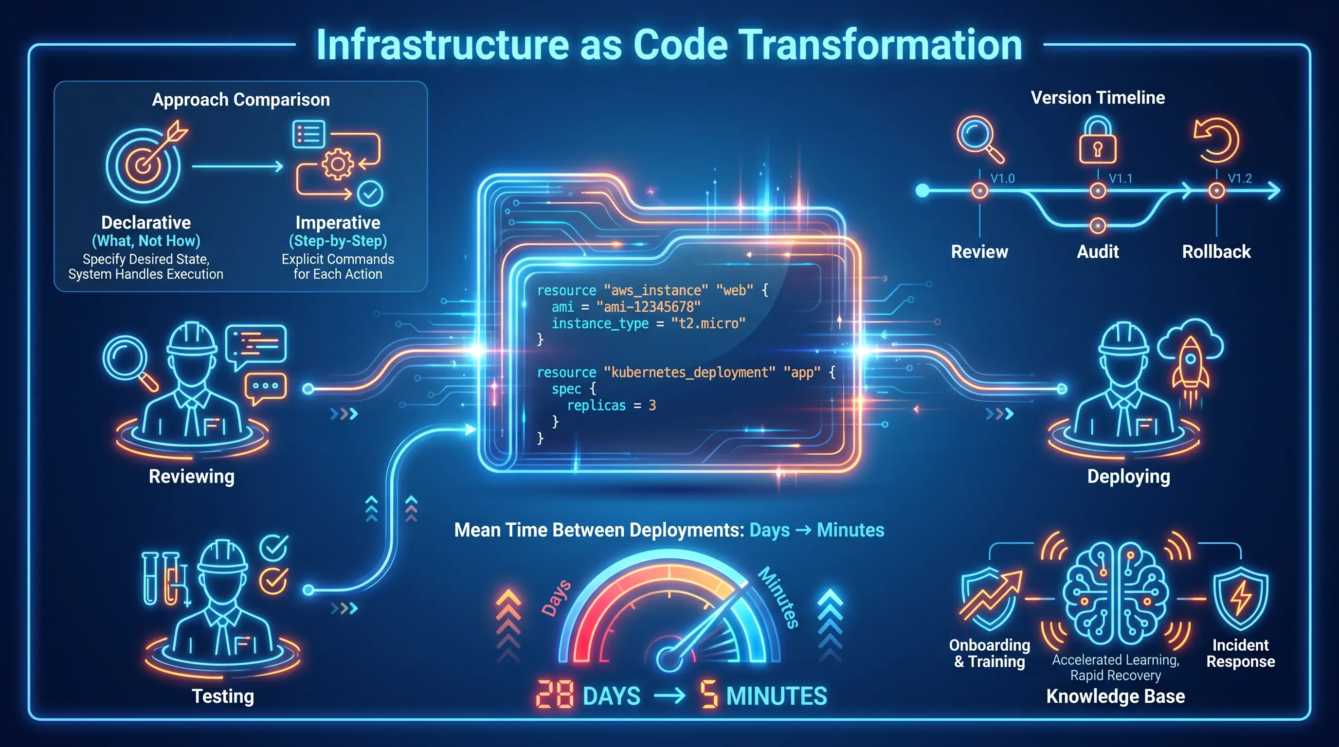A vibrant neon infographic showcasing a code repository folder icon, engineer icons, and a comparison of Declarative vs. Imperative approaches.